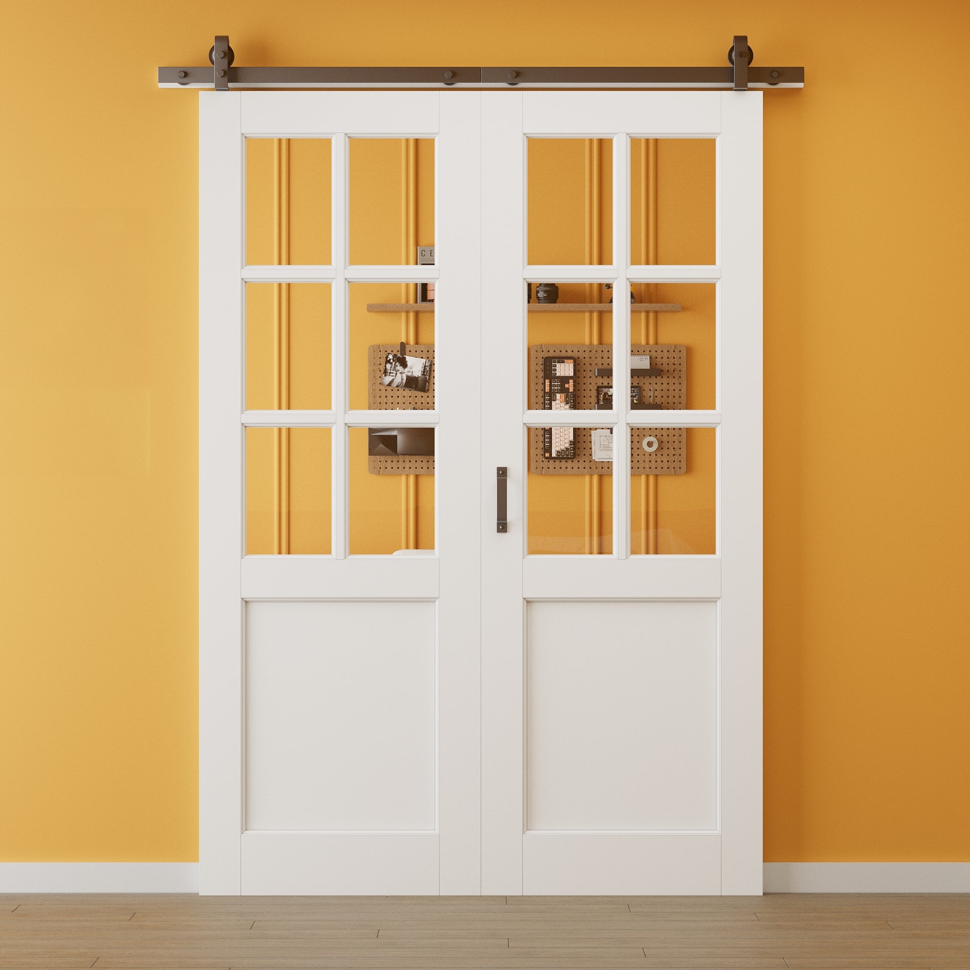 JUJUBON Pre-Assembled 6-Lite Clear Glass Bifold Barn Door, Paintable Pre-Finished MDF Bi Fold Barn Doors with Hardware Included, Interior Bifold Sliding Barn Door for Pantry Laundry Closet