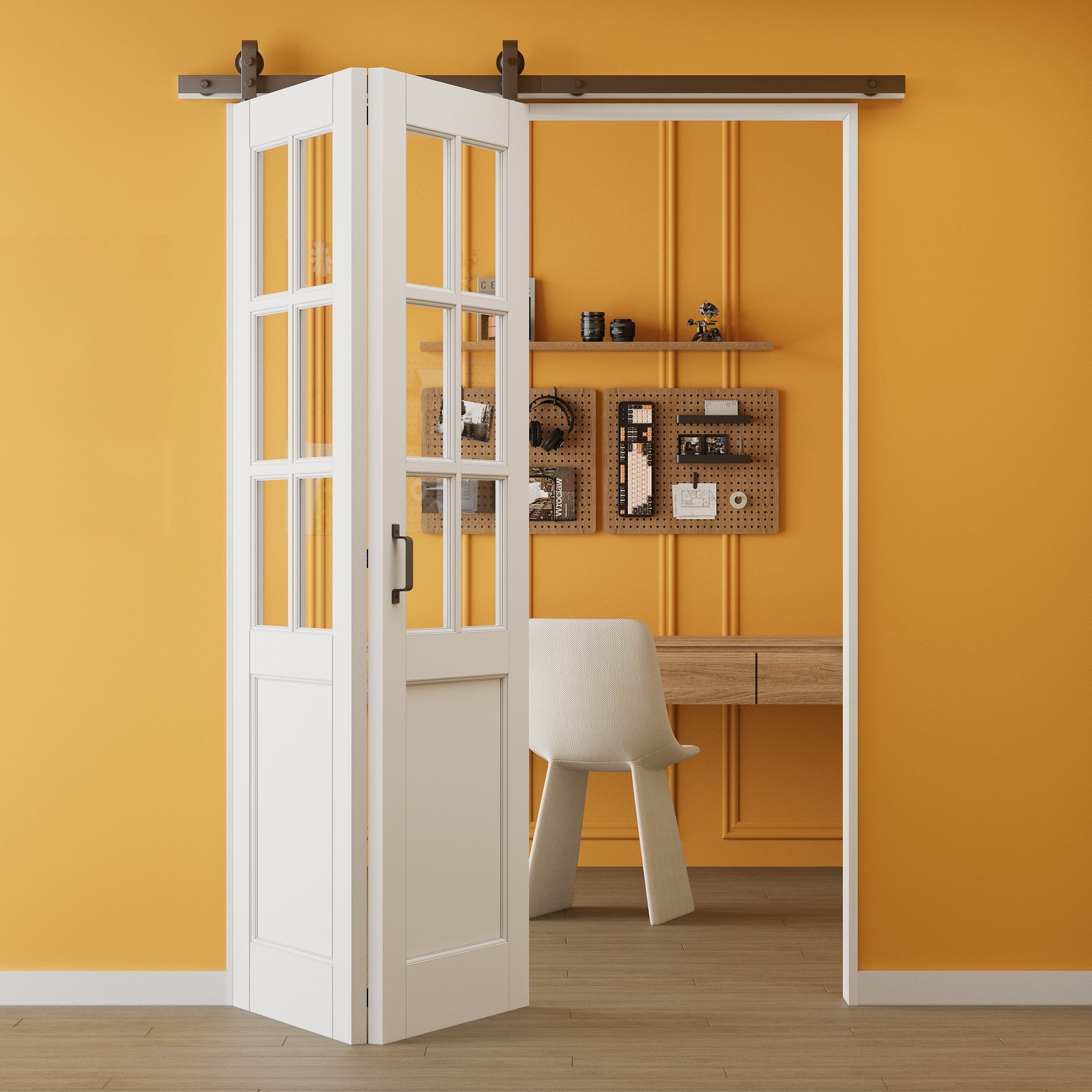 JUJUBON Pre-Assembled 6-Lite Clear Glass Bifold Barn Door, Paintable Pre-Finished MDF Bi Fold Barn Doors with Hardware Included, Interior Bifold Sliding Barn Door for Pantry Laundry Closet