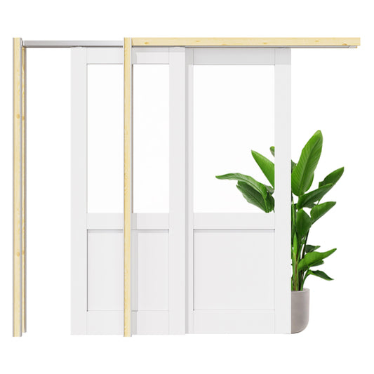 Jujubon Half Lite Clear Glass Double Bypass Pocket Door with Hardware Kit & Soft Close & Frame, Solid Core MDF Wood & Paint-grade Finished, White