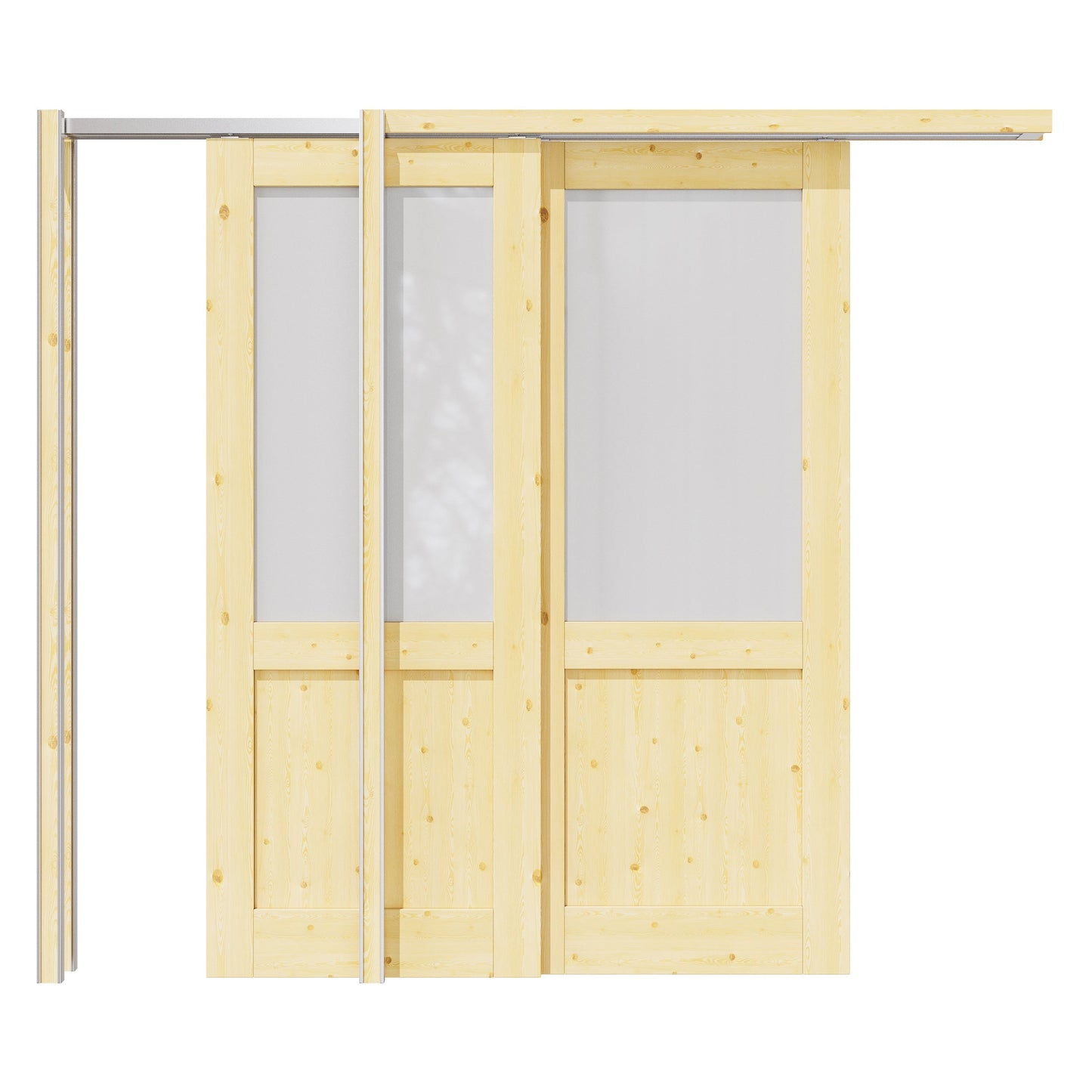 Jujubon Half Lite Frosted Glass Double Bypass Pocket Door with Hardware Kit & Soft Close & Frame, Pine Wood & Paint-grade Finished