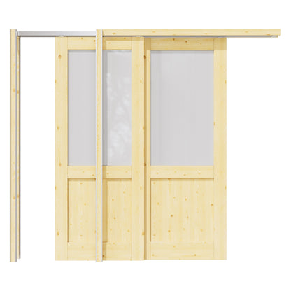 Jujubon Half Lite Frosted Glass Double Bypass Pocket Door with Hardware Kit & Soft Close & Frame, Pine Wood & Paint-grade Finished