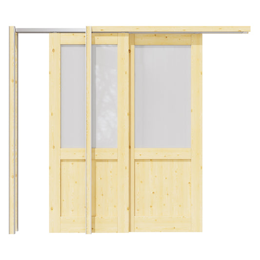 Jujubon Half Lite Frosted Glass Double Bypass Pocket Door with Hardware Kit & Soft Close & Frame, Pine Wood & Paint-grade Finished