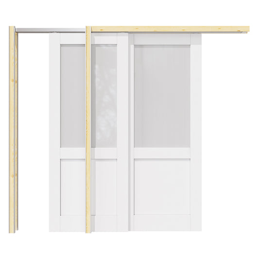 Jujubon Half Lite Frosted Glass Double Bypass Pocket Door with Hardware Kit & Soft Close & Frame, Solid Core MDF Wood & Paint-grade Finished, White