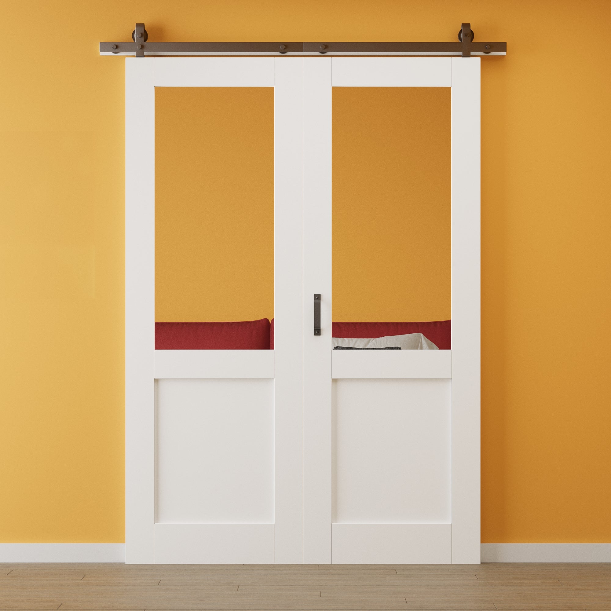 JUJUBON Pre-Assembled Solid Core Bifold Barn Doors and Hardware Included, Half HD Shatterproof Mirrored Bi Fold Barn Door, Interior Bifold Sliding Barn Door, Easy Install, White