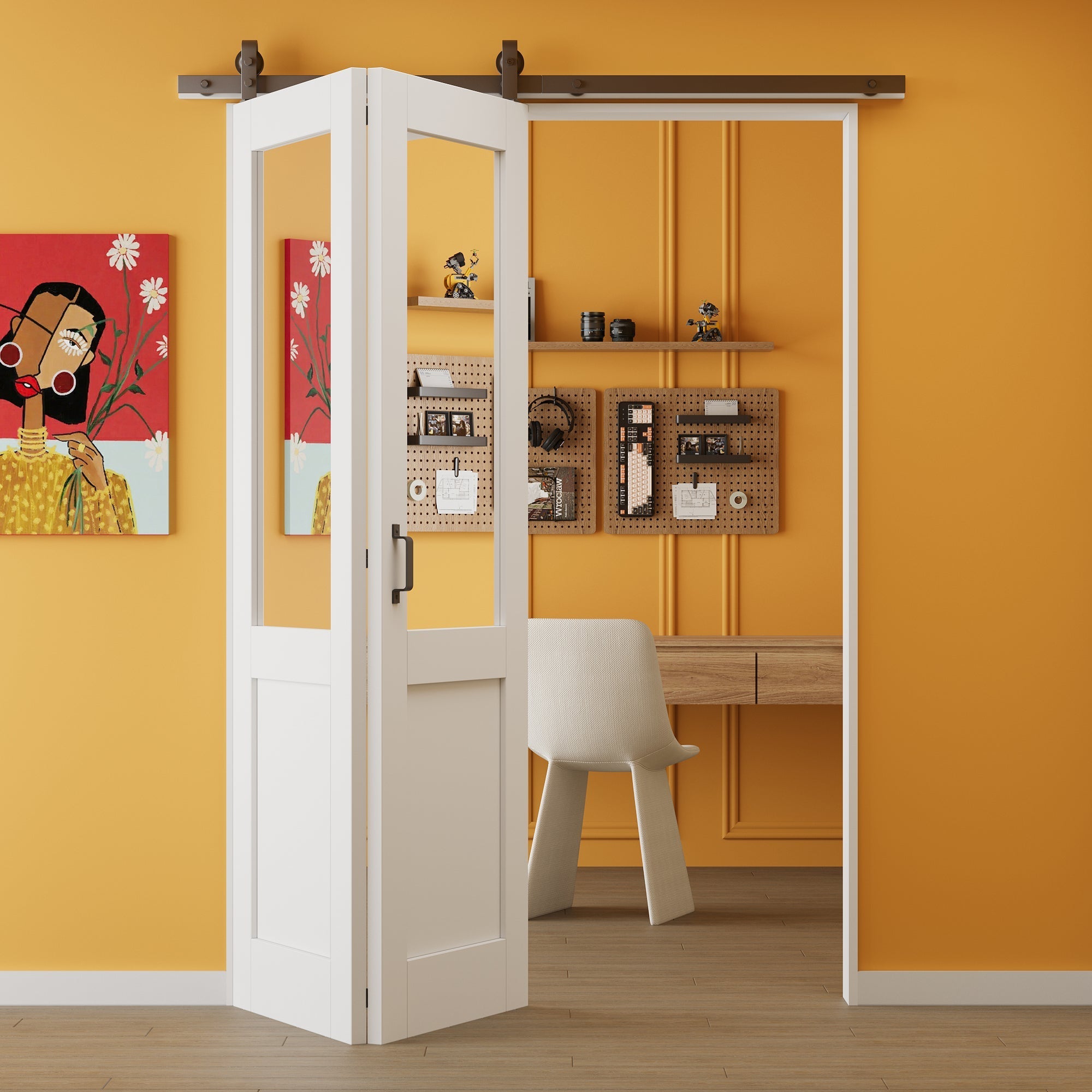 JUJUBON Pre-Assembled Solid Core Bifold Barn Doors and Hardware Included, Half HD Shatterproof Mirrored Bi Fold Barn Door, Interior Bifold Sliding Barn Door, Easy Install, White