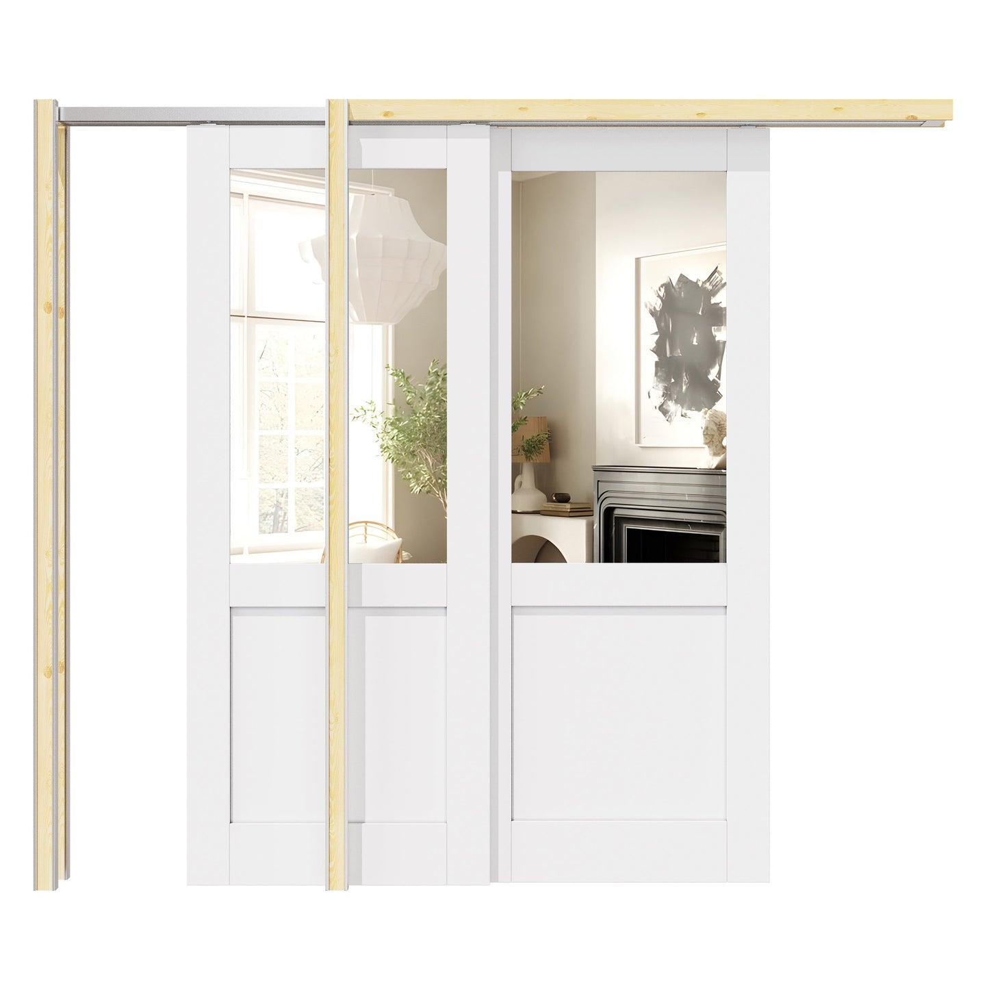 Jujubon Half Lite Mirror Double Bypass Pocket Door with Hardware Kit & Soft Close & Frame, Solid Core MDF Wood & Paint-grade Finished, White