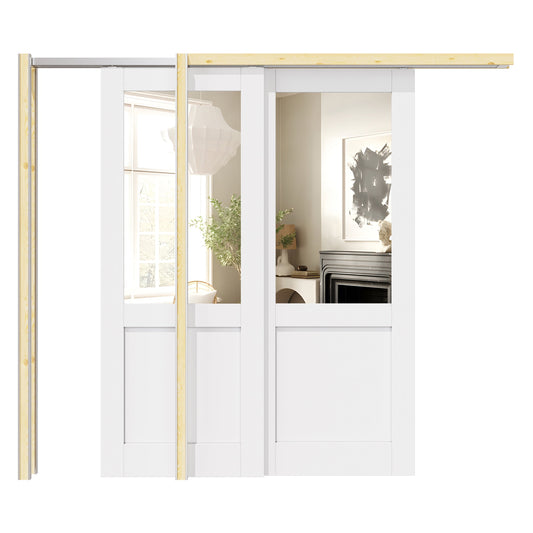 Jujubon Half Lite Mirror Double Bypass Pocket Door with Hardware Kit & Soft Close & Frame, Solid Core MDF Wood & Paint-grade Finished, White