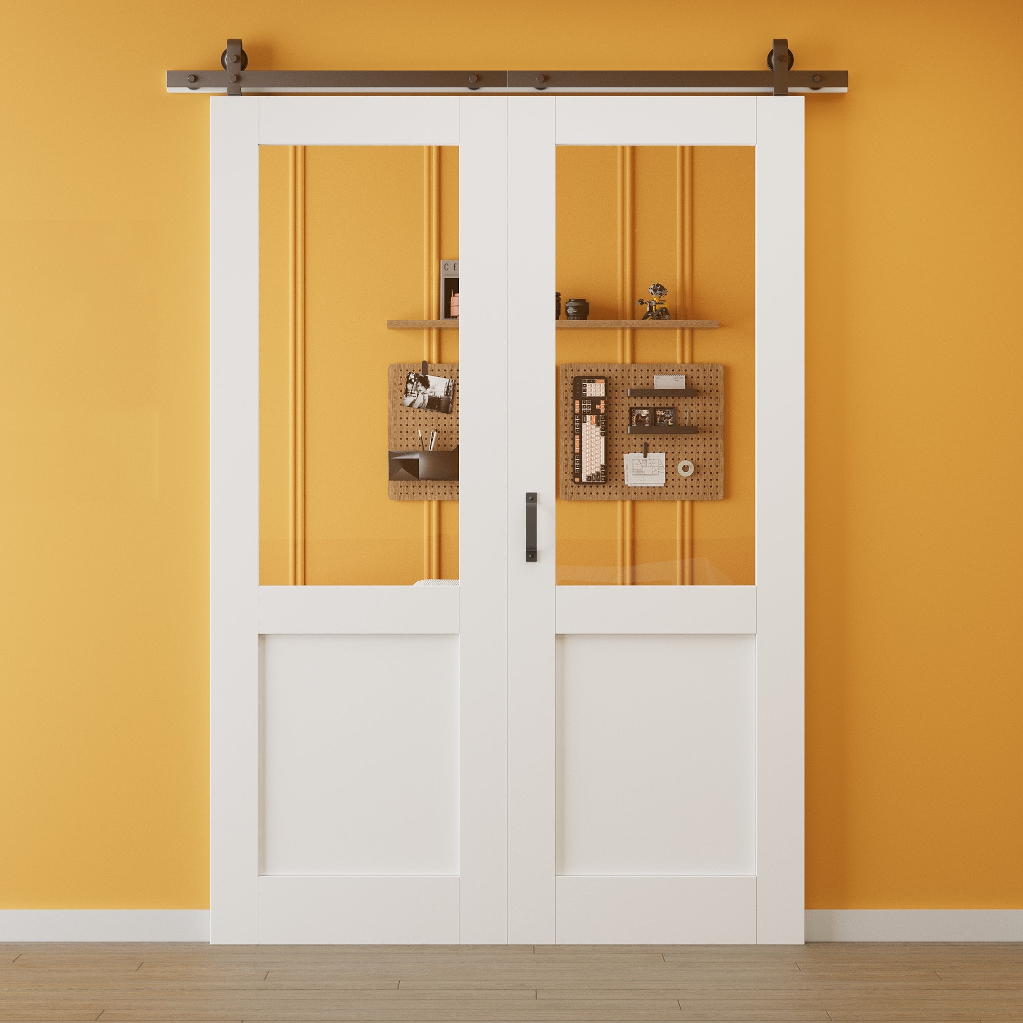 Jujubon Half Lite Tempered Clear Glass Bifold Sliding Barn Door, Prefinished & Paintable Surface with Hardware Kit