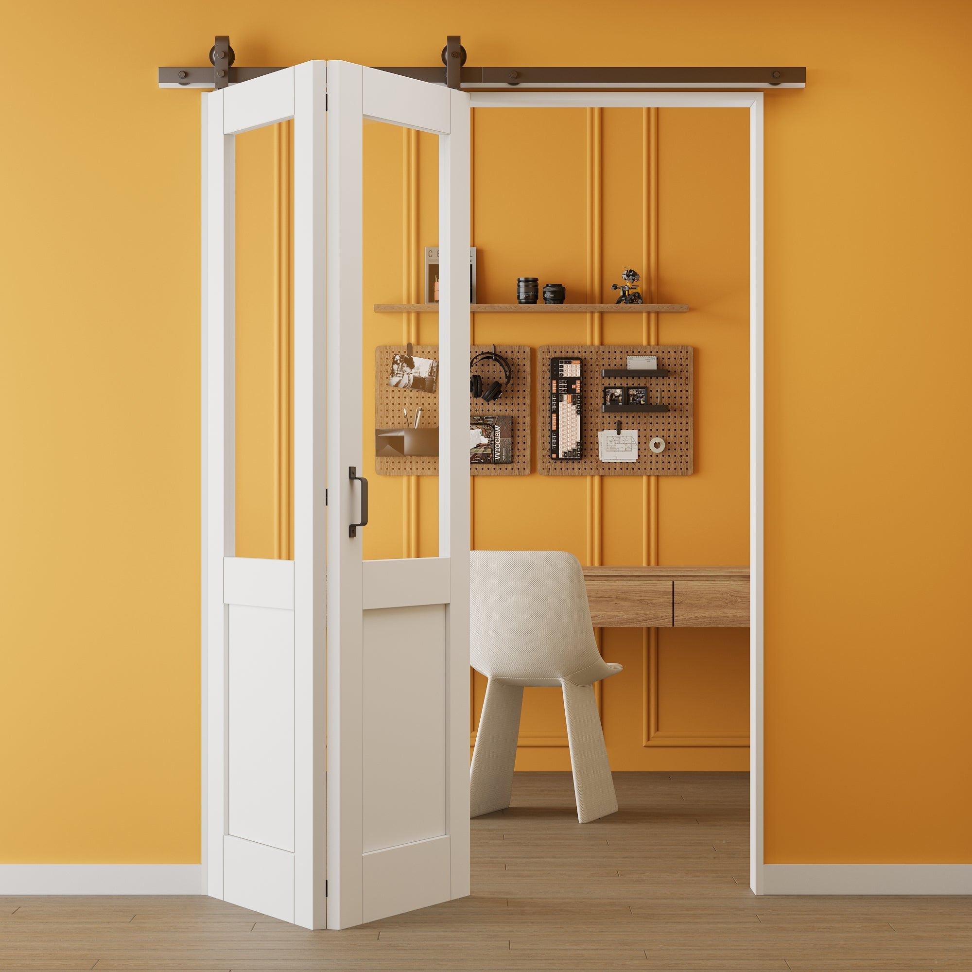 Jujubon Half Lite Tempered Clear Glass Bifold Sliding Barn Door, Prefinished & Paintable Surface with Hardware Kit