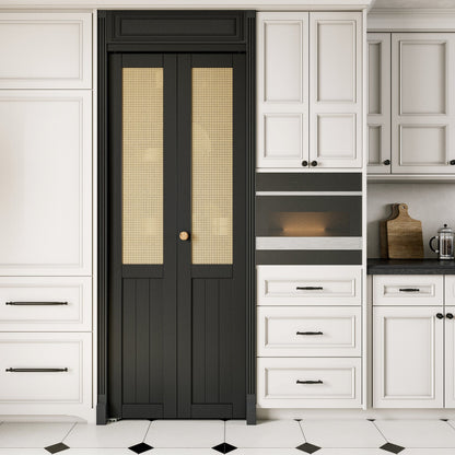 JUJUBON Rattan Bifold Closet Door, Cane Webbing Wood Interior Door Slab, Build Quality Black Folding Barn Door with Hardware, Fascia & Knob, Black