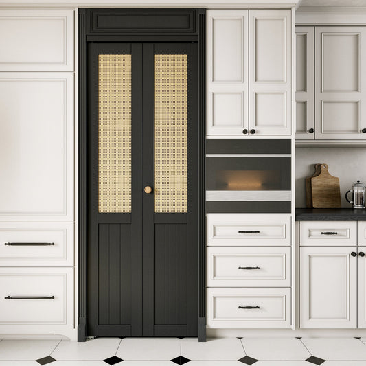 JUJUBON Rattan Bifold Closet Door, Cane Webbing Wood Interior Door Slab, Build Quality Black Folding Barn Door with Hardware, Fascia & Knob, Black