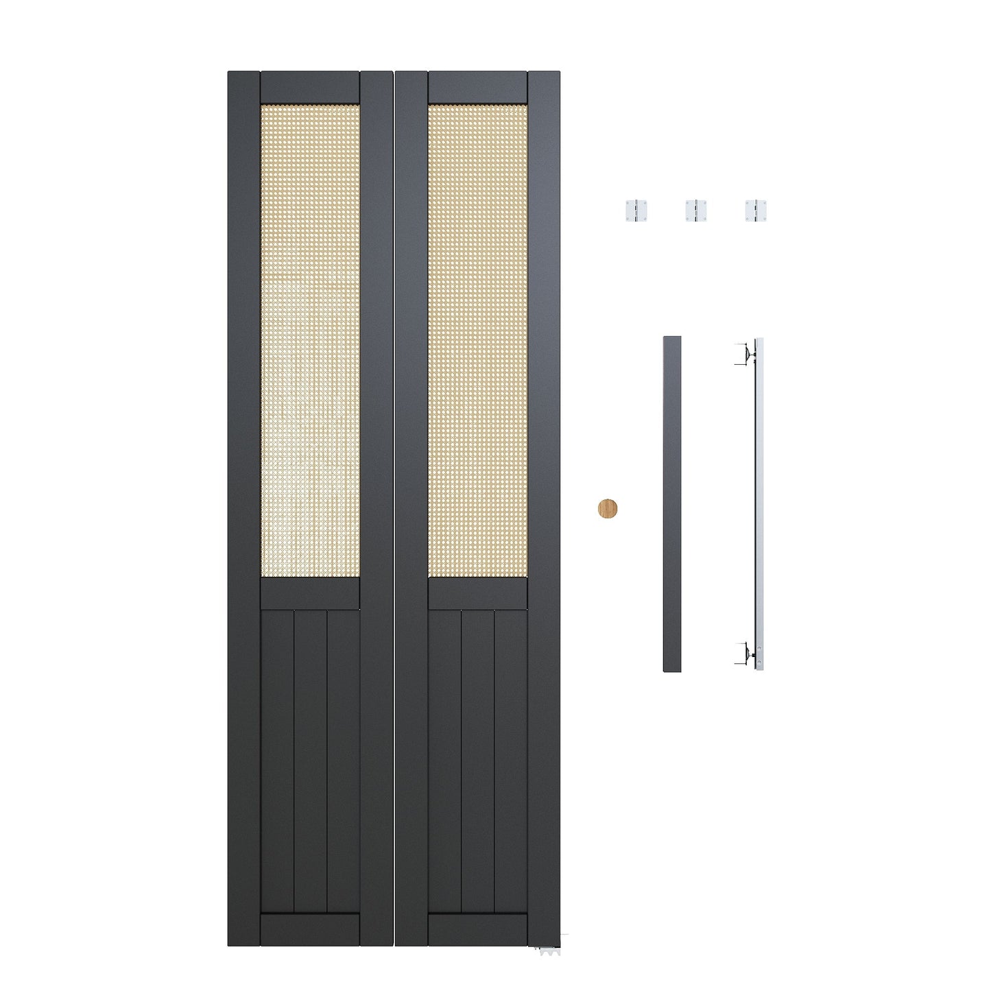 JUJUBON Rattan Bifold Closet Door, Cane Webbing Wood Interior Door Slab, Build Quality Black Folding Barn Door with Hardware, Fascia & Knob, Black