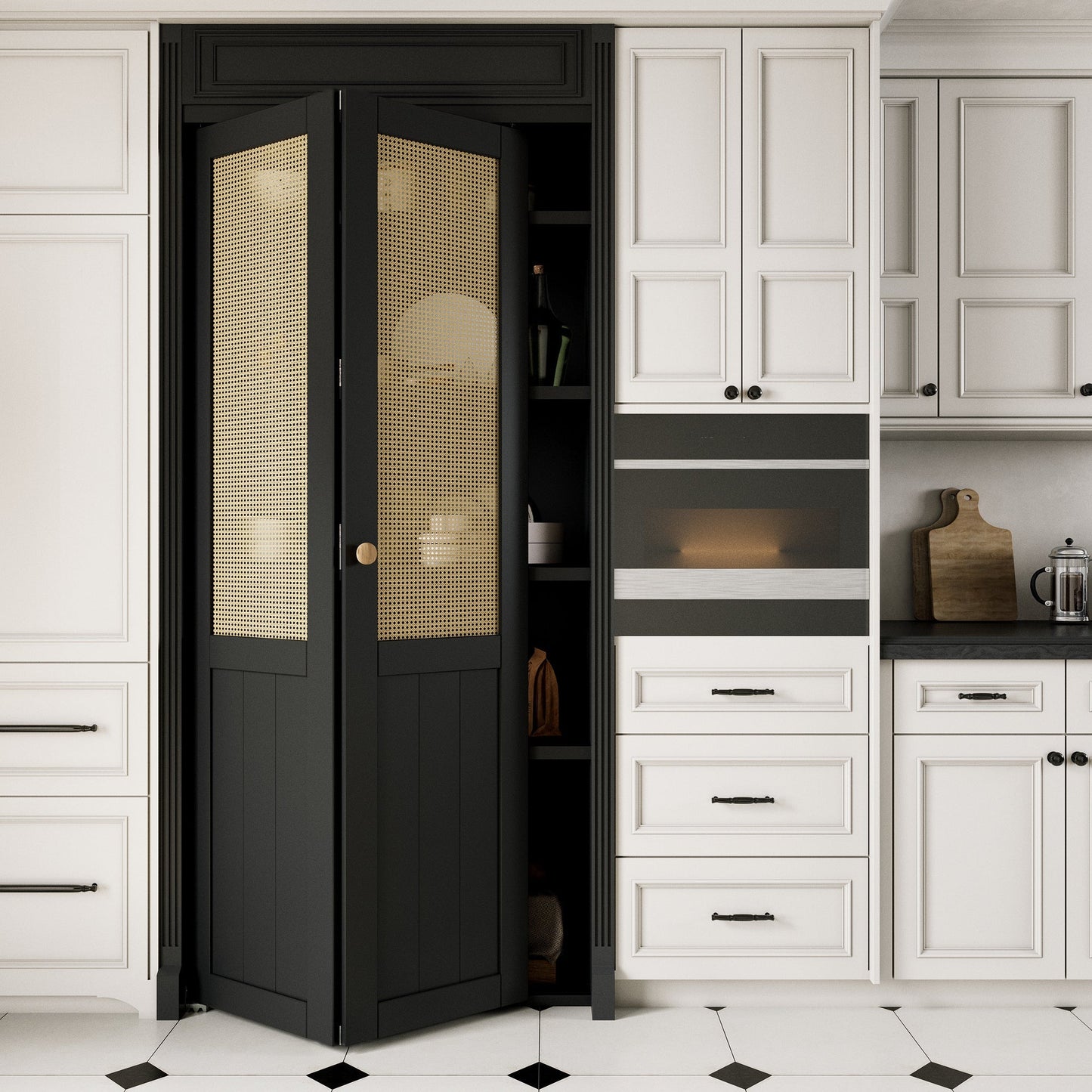 JUJUBON Rattan Bifold Closet Door, Cane Webbing Wood Interior Door Slab, Build Quality Black Folding Barn Door with Hardware, Fascia & Knob, Black