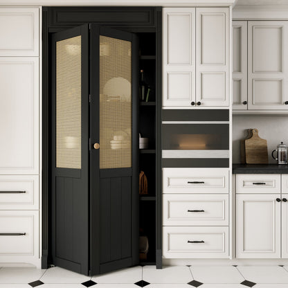 JUJUBON Rattan Bifold Closet Door, Cane Webbing Wood Interior Door Slab, Build Quality Black Folding Barn Door with Hardware, Fascia & Knob, Black