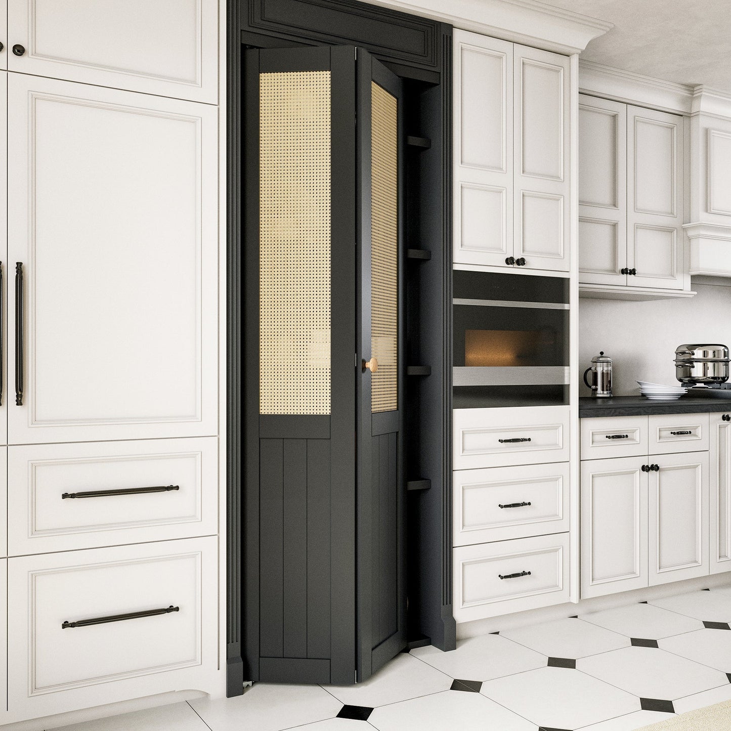 JUJUBON Rattan Bifold Closet Door, Cane Webbing Wood Interior Door Slab, Build Quality Black Folding Barn Door with Hardware, Fascia & Knob, Black