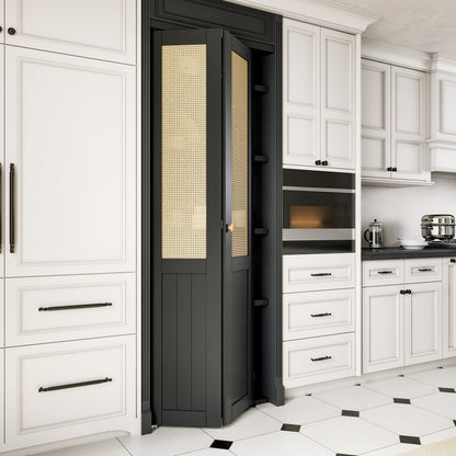 JUJUBON Rattan Bifold Closet Door, Cane Webbing Wood Interior Door Slab, Build Quality Black Folding Barn Door with Hardware, Fascia & Knob, Black