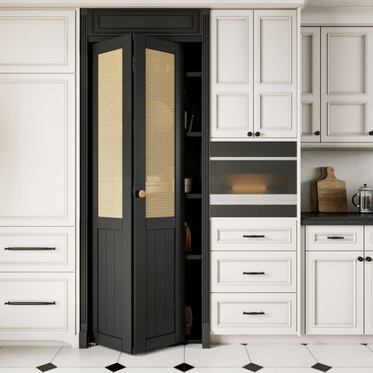 JUJUBON Rattan Bifold Closet Door, Cane Webbing Wood Interior Door Slab, Build Quality Black Folding Barn Door with Hardware, Fascia & Knob, Black