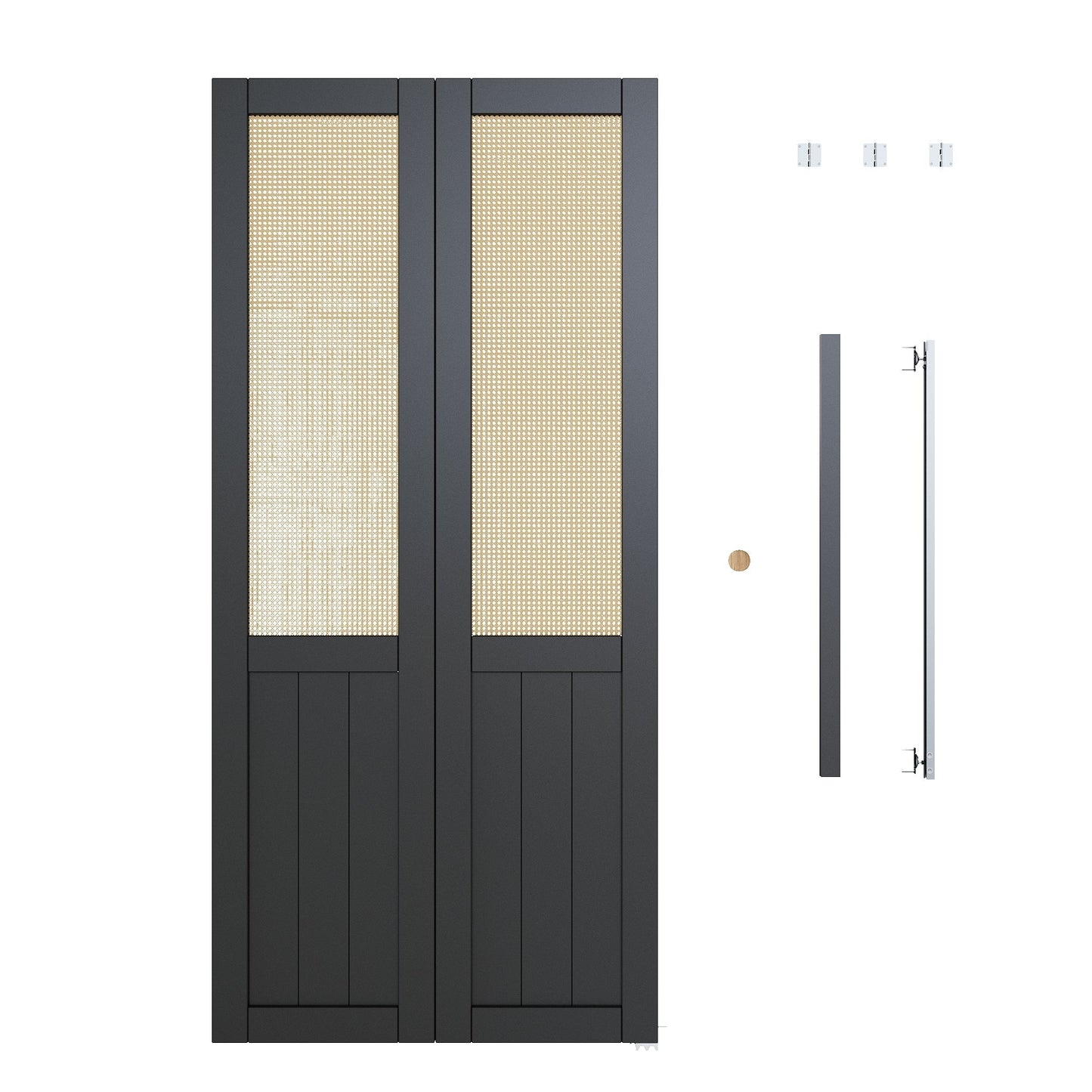 JUJUBON Rattan Bifold Closet Door, Cane Webbing Wood Interior Door Slab, Build Quality Black Folding Barn Door with Hardware, Fascia & Knob, Black