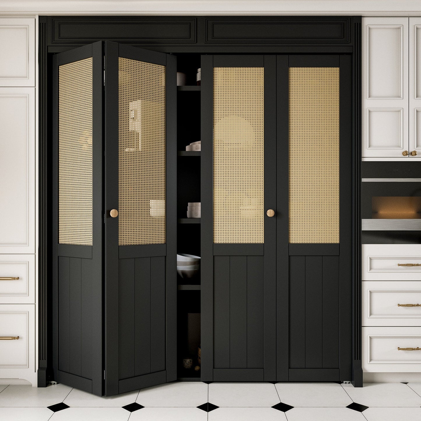 JUJUBON Rattan Bifold Closet Door, Cane Webbing Wood Interior Door Slab, Build Quality Black Folding Barn Door with Hardware, Fascia & Knob, Black