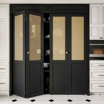 JUJUBON Rattan Bifold Closet Door, Cane Webbing Wood Interior Door Slab, Build Quality Black Folding Barn Door with Hardware, Fascia & Knob, Black