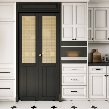 JUJUBON Rattan Bifold Closet Door, Cane Webbing Wood Interior Door Slab, Build Quality Black Folding Barn Door with Hardware, Fascia & Knob, Black
