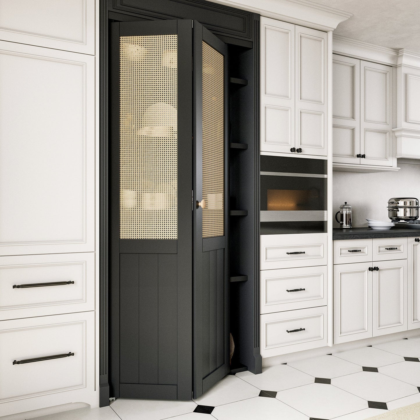 JUJUBON Rattan Bifold Closet Door, Cane Webbing Wood Interior Door Slab, Build Quality Black Folding Barn Door with Hardware, Fascia & Knob, Black