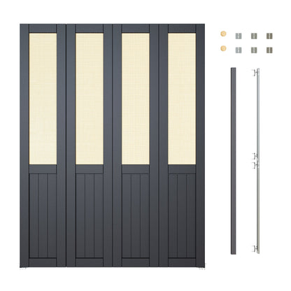 JUJUBON Rattan Bifold Closet Door, Cane Webbing Wood Interior Door Slab, Build Quality Black Folding Barn Door with Hardware, Fascia & Knob, Black