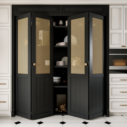JUJUBON Rattan Bifold Closet Door, Cane Webbing Wood Interior Door Slab, Build Quality Black Folding Barn Door with Hardware, Fascia & Knob, Black