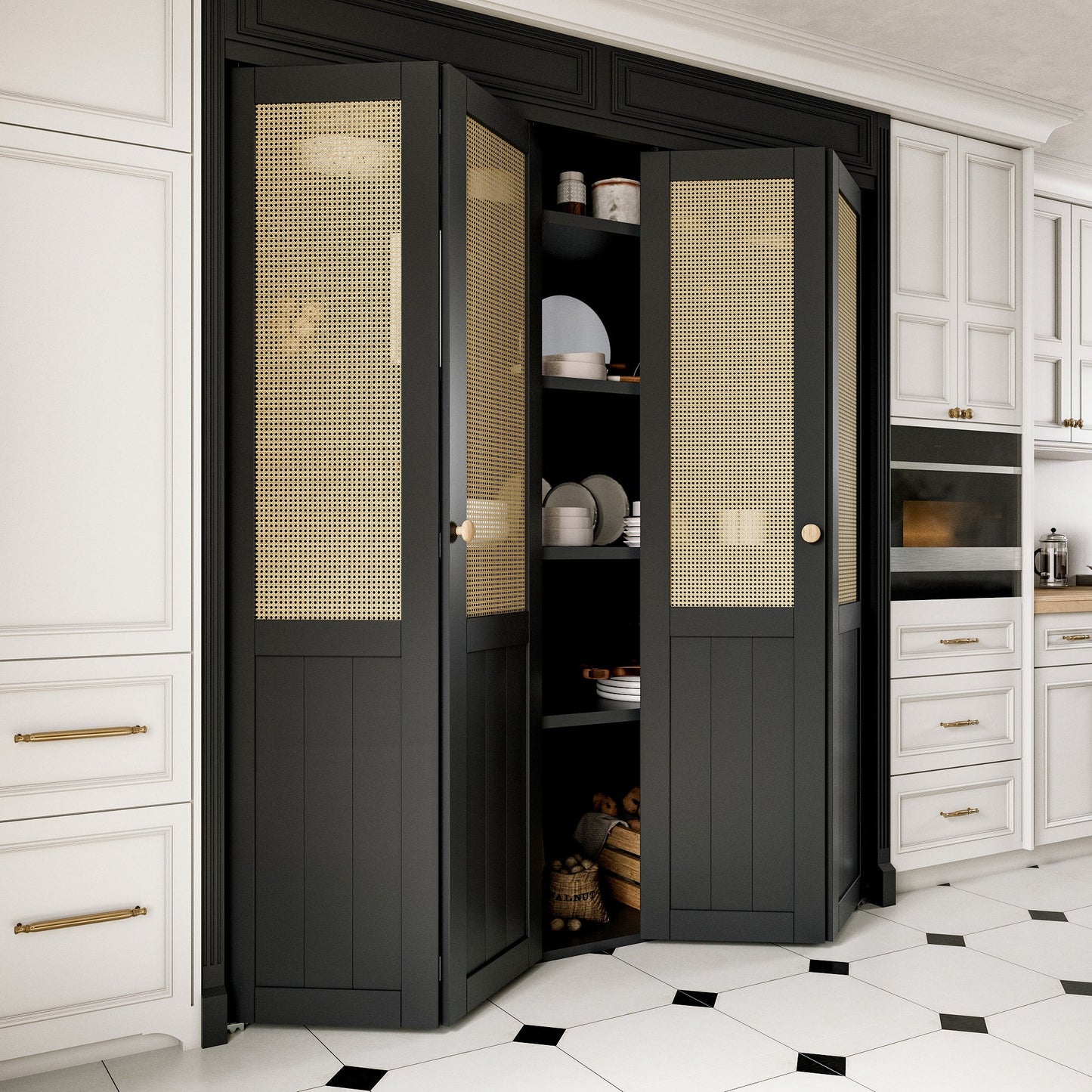 JUJUBON Rattan Bifold Closet Door, Cane Webbing Wood Interior Door Slab, Build Quality Black Folding Barn Door with Hardware, Fascia & Knob, Black