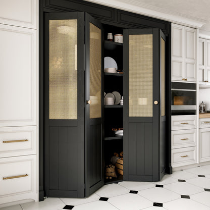 JUJUBON Rattan Bifold Closet Door, Cane Webbing Wood Interior Door Slab, Build Quality Black Folding Barn Door with Hardware, Fascia & Knob, Black