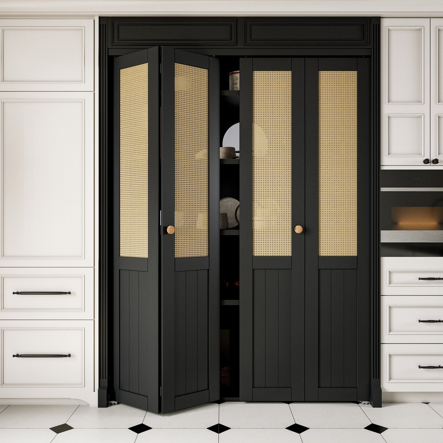 JUJUBON Rattan Bifold Closet Door, Cane Webbing Wood Interior Door Slab, Build Quality Black Folding Barn Door with Hardware, Fascia & Knob, Black