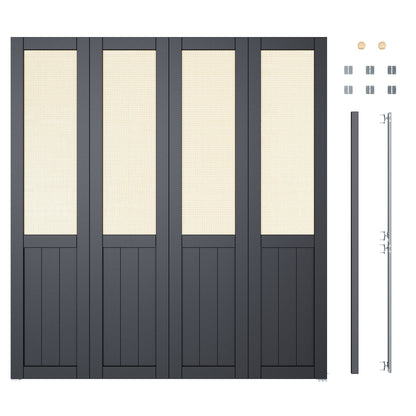 JUJUBON Rattan Bifold Closet Door, Cane Webbing Wood Interior Door Slab, Build Quality Black Folding Barn Door with Hardware, Fascia & Knob, Black
