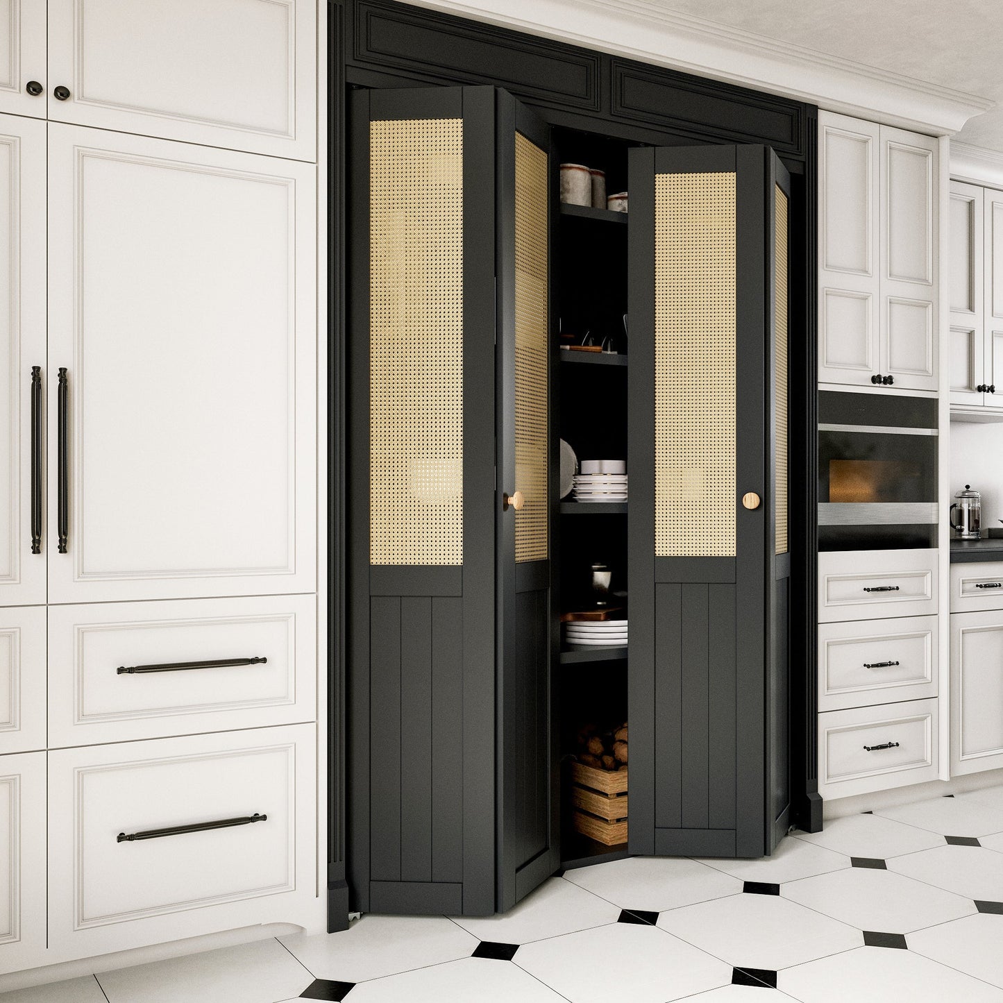 JUJUBON Rattan Bifold Closet Door, Cane Webbing Wood Interior Door Slab, Build Quality Black Folding Barn Door with Hardware, Fascia & Knob, Black