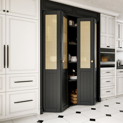 JUJUBON Rattan Bifold Closet Door, Cane Webbing Wood Interior Door Slab, Build Quality Black Folding Barn Door with Hardware, Fascia & Knob, Black