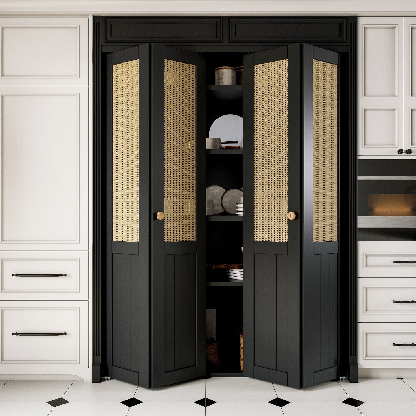JUJUBON Rattan Bifold Closet Door, Cane Webbing Wood Interior Door Slab, Build Quality Black Folding Barn Door with Hardware, Fascia & Knob, Black