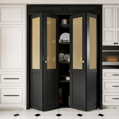JUJUBON Rattan Bifold Closet Door, Cane Webbing Wood Interior Door Slab, Build Quality Black Folding Barn Door with Hardware, Fascia & Knob, Black