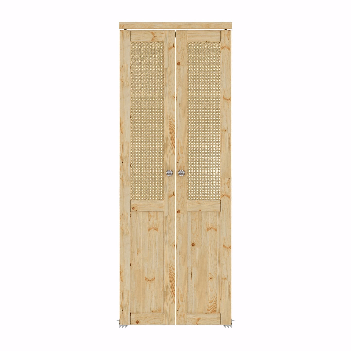 [Two Hardware Kits] Jujubon Half-Lite Rattan Closet  Pivot Door with Two Hardware Kits & Knob, Pine Wood & Unfinished & Paintable Surface
