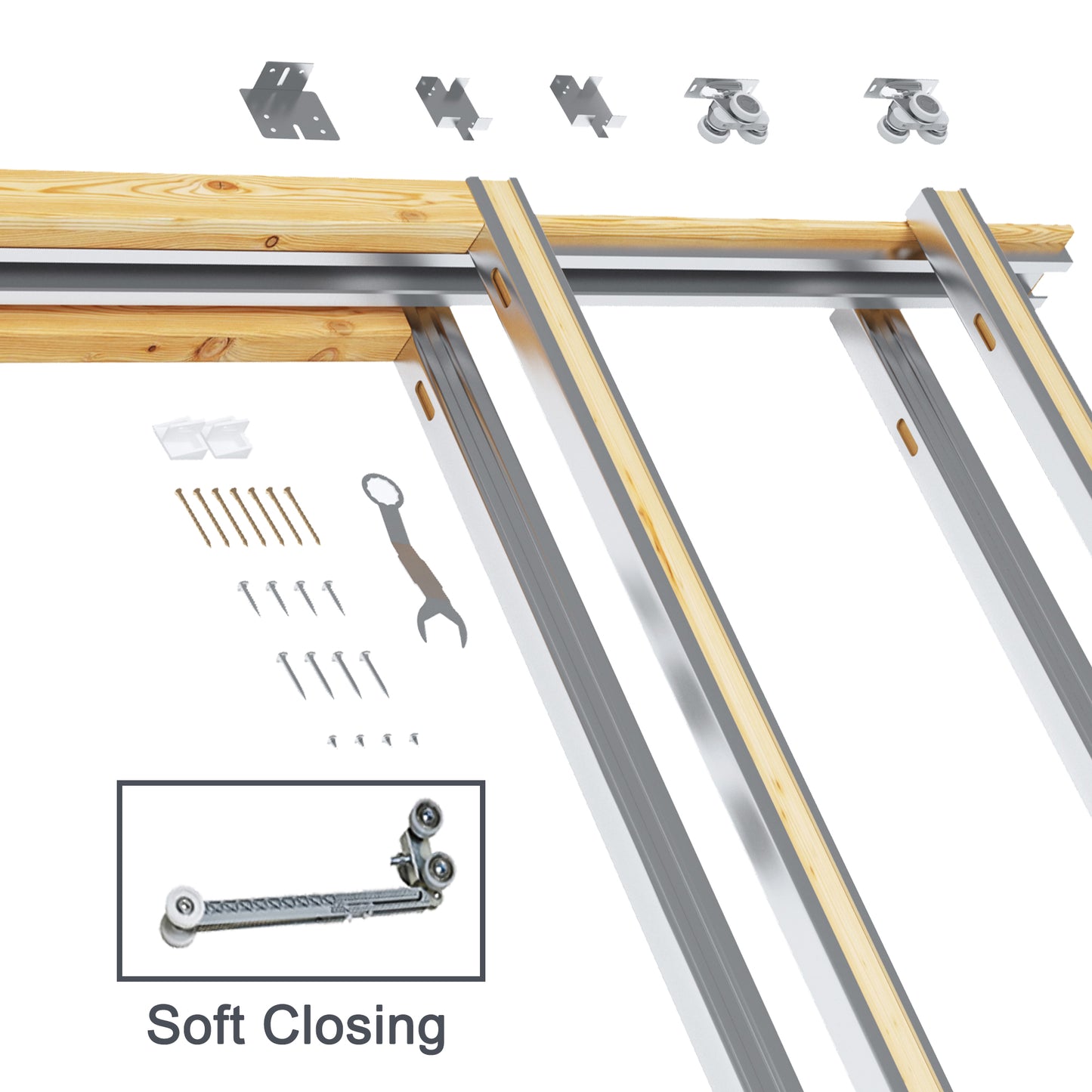 Jujubon 3-Lite Clear Glass Pocket Door with Hardware Kit & Soft Close & Frame, MDF Wood & Paint-grade Finished, White