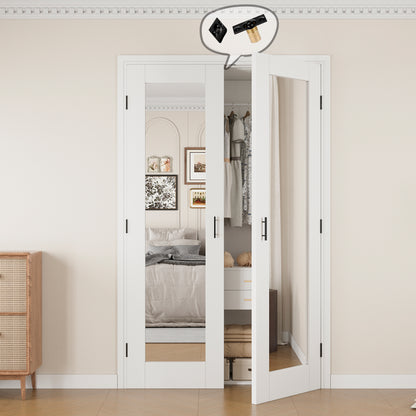 Jujubon 1-Lite One Side Mirror White Solid Core Finished Glass French Door Panels with Black Ball Catch, with Ready-to-Assemble Jamb