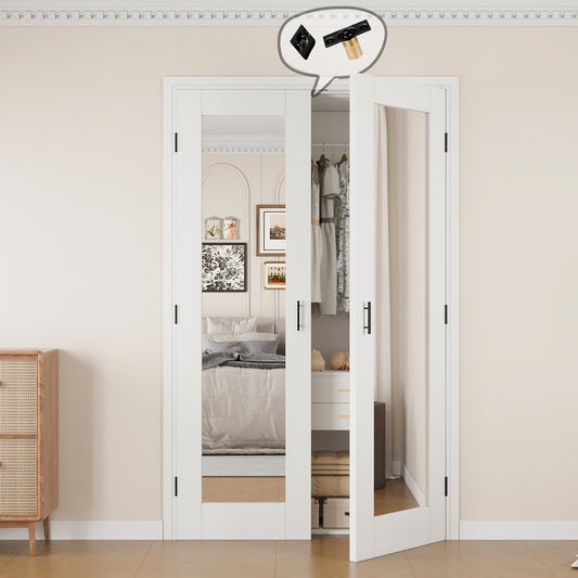 Jujubon 1-Lite One Side Mirror White Solid Core Finished Glass French Door Panels with Black Ball Catch, with Ready-to-Assemble Jamb