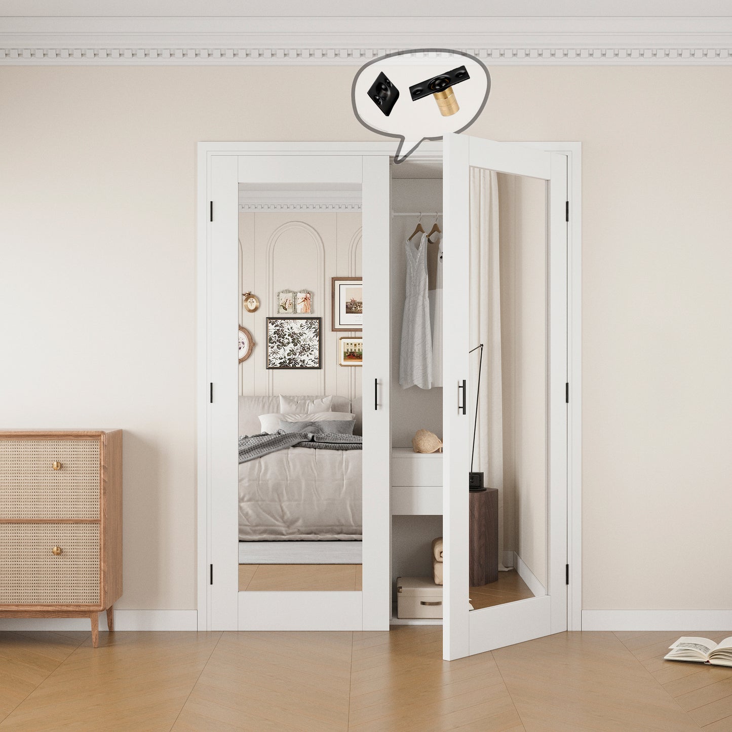 Jujubon 1-Lite One Side Mirror White Solid Core Finished Glass French Door Panels with Black Ball Catch, with Ready-to-Assemble Jamb
