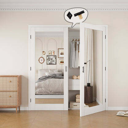 Jujubon 1-Lite One Side Mirror White Solid Core Finished Glass French Door Panels with Black Ball Catch, with Ready-to-Assemble Jamb