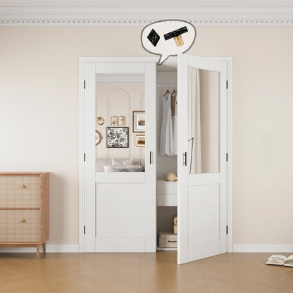 Jujubon Half-Lite Mirror White Solid Core Finished Glass French Door Panels with Black Ball Catch, with Ready-to-Assemble Jamb