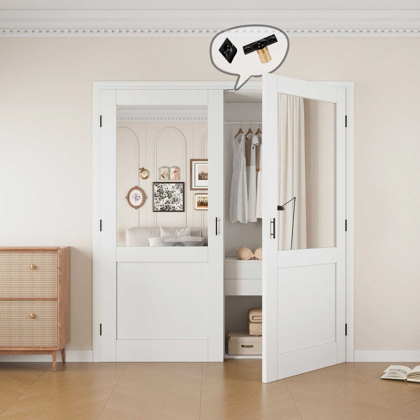Jujubon Half-Lite Mirror White Solid Core Finished Glass French Door Panels with Silver Ball Catch, with Ready-to-Assemble Jamb