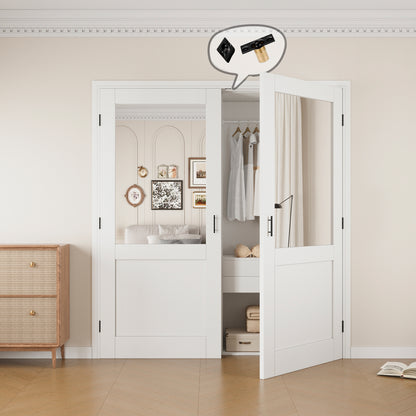Jujubon Half-Lite Mirror White Solid Core Finished Glass French Door Panels with Silver Ball Catch, with Ready-to-Assemble Jamb