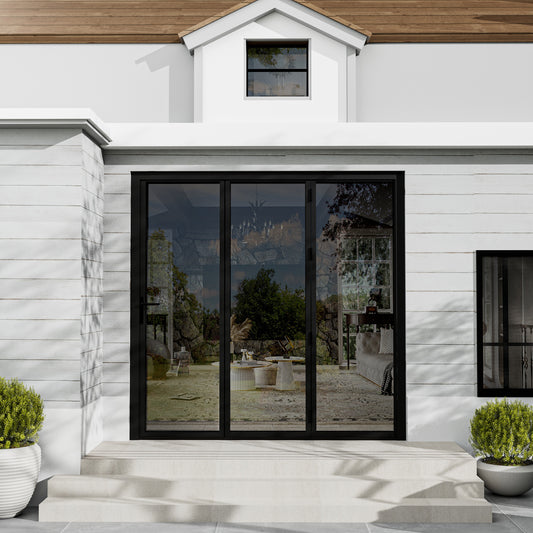 Jujubon Black 3 Panel Center Opening Outswing Double Tempered Glass Aluminum Folding Patio Door