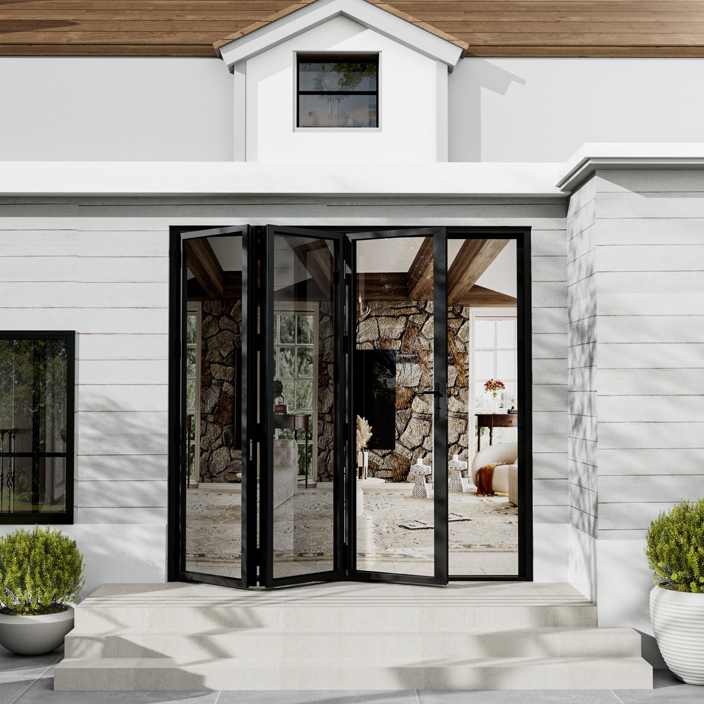 Jujubon Black 3 Panel Center Opening Outswing Double Tempered Glass Aluminum Folding Patio Door