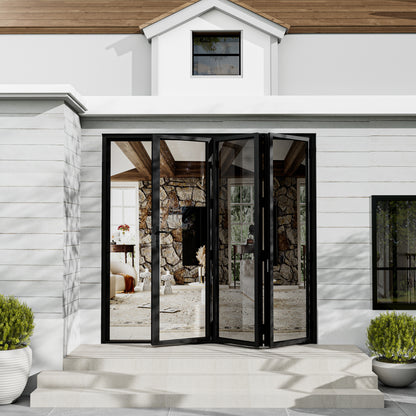 Jujubon Black 3 Panel Center Opening Outswing Double Tempered Glass Aluminum Folding Patio Door