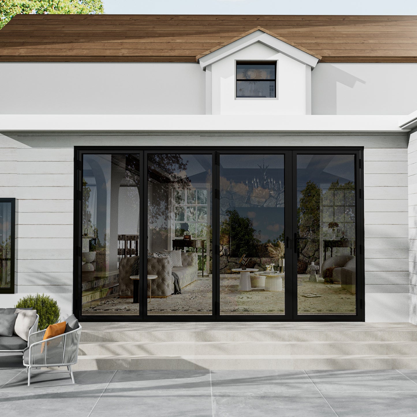 Jujubon Black 4 Panel Center Opening Outswing Double Tempered Glass Aluminum Folding Patio Door