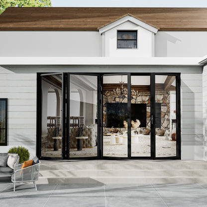 Jujubon Black 4 Panel Center Opening Outswing Double Tempered Glass Aluminum Folding Patio Door